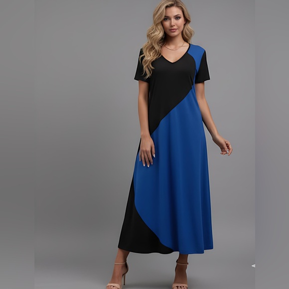 Black/Blue Two Tone V Neck Tee Dress - Picture 3 of 6